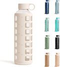 Purifyou 40/32/22/12 Oz Borosilicate Glass Water Bottles with Volume Markers, Silicone Sleeve, Stainless Steel Lid, Reusable Bottle for Water,