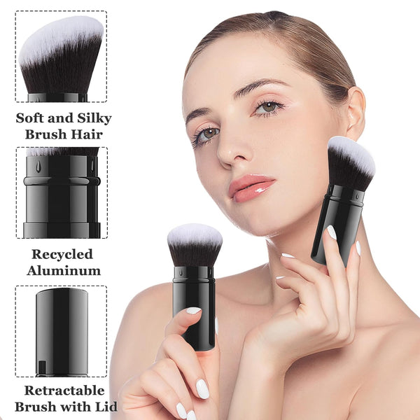 Falliny Retractable Makeup Brush, 2 Pack Travel Kabuki Face Blush Brush, Portable Powder Foundation Sunscreen Brush with Cover for Blush, Bronzer,