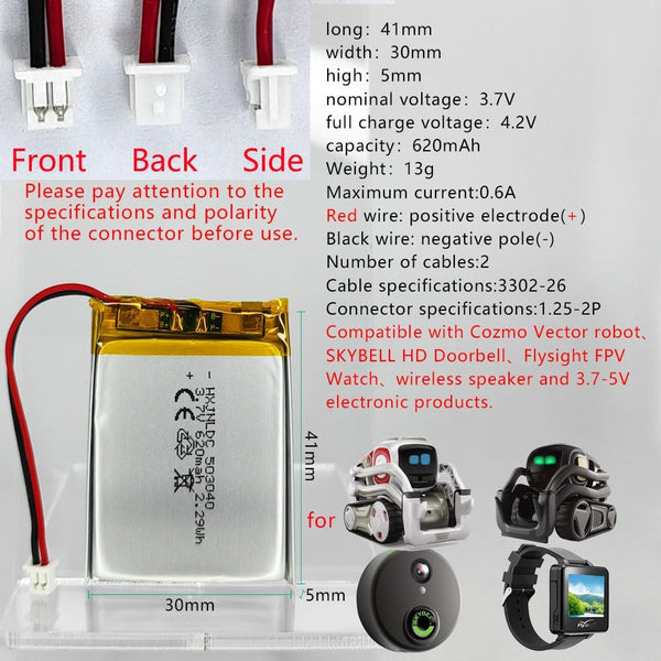 DC 3.7V 620mAh 503040 Rechargeable Lithium Polymer Battery for Cozmo Vector Robot SkyBell HD WiFi Video Doorbell Flysight FPV Watch Wireless