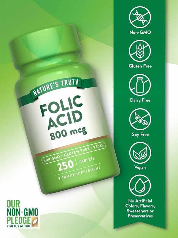 Nature's Truth Folic Acid | 800 mcg | 250 Tablets | Vegan, Non-GMO & Gluten Free Supplement 1 Count (Pack of 250)