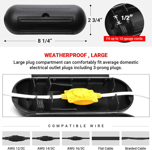 4 Pack Extension Cord Protective Cover Set (Black) | Indoor Outdoor Water-Resistant Holder for Holiday String Lights and Wires | Capsule Shaped
