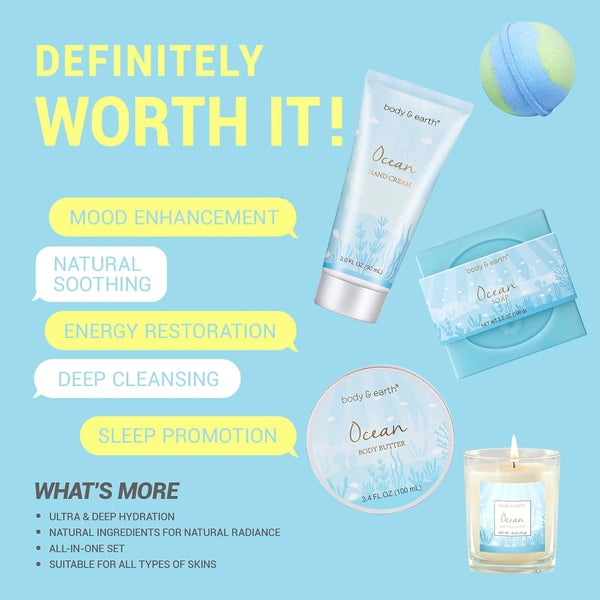 Gifts for Women, Bath and Body Womens Gift Sets with 5 Pcs Ocean Scented Spa Gifts for Women Bath Gift with Scented Candle Body Butter Hand Cream