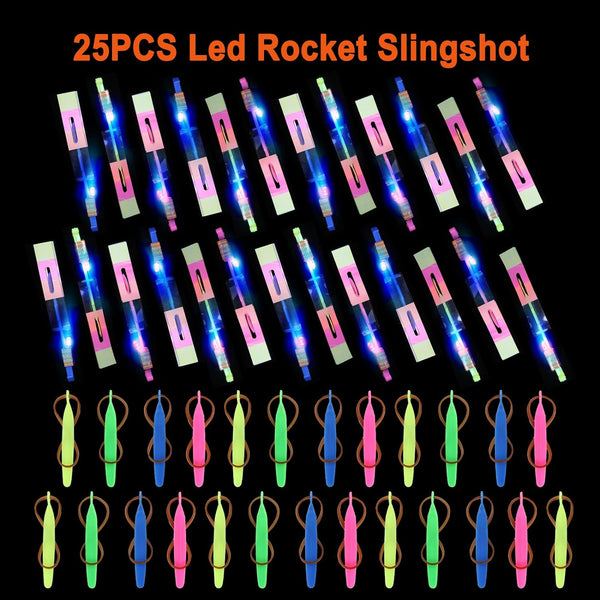 lpvoqpth 25 Sets LED Flying Set, 25 Slingshot+25 Glow Helicopter-50 Pcs, Flying Toy Outdoor Toys Glow in the Dark Party Supplies Party Favors for