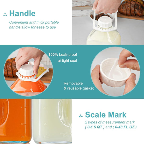 64 Oz Heavy Duty Glass Milk Bottle with Reusable Airtight Strong SCREW LID - 1/2 Gallon Water Bottles with Scale Lines - 2 Qt Glass Milk Jug
