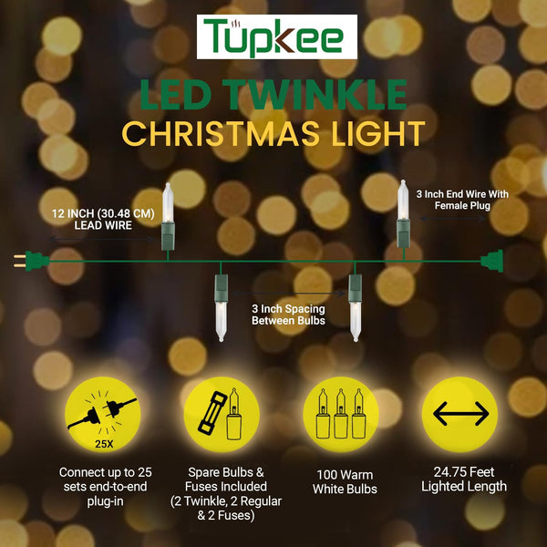 Christmas LED Random Twinkle Lights - 16 of 100 Bulbs Twinkle - LED Warm White Christmas Tree Lights - Indoor Outdoor – 24.75 Feet Light String,