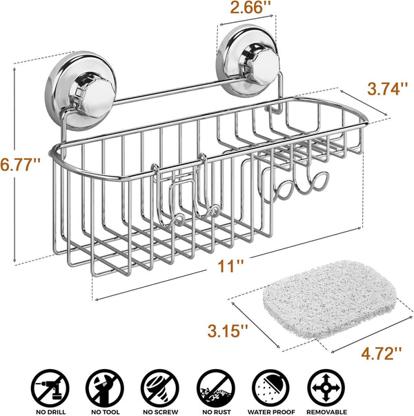 HASKO Suction Cup Shower Caddy Basket for Shampoo, Shower Suction Shelf Organizer, Basket with Soap Holder and Hooks, Stainless Steel Shampoo