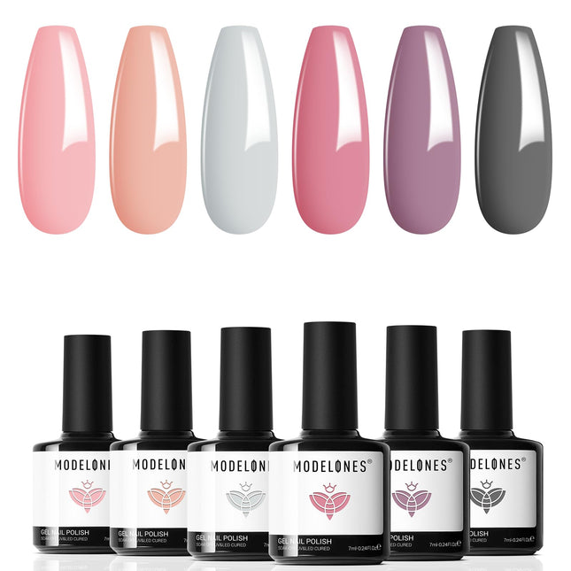 Modelones Gel Polish Nail Kit, 6 Colors 7Ml Popular Nude Pink Neutral Blue Glitt
