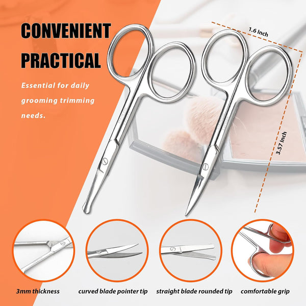 Facial Hair Small Grooming Scissors For Men Women - Eyebrow, Nose Hair, Mustache, Beard, Eyelashes, Ear Trimming Kit - Curved and Rounded Safety