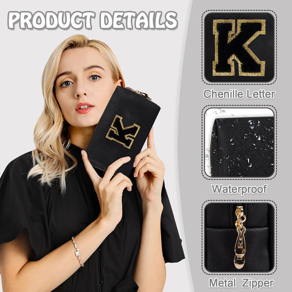 Personalized Small Preppy Makeup Bag, Chenille Letter Black Initial Cosmetic Zipper Pouch Toiletry Organizer, Waterproof PU Leather Make Up