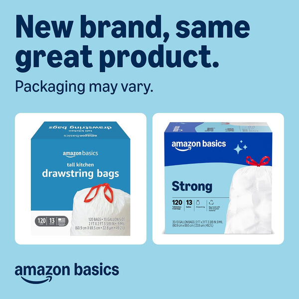 Amazon Basics Trash Bags, Tall Kitchen Drawstring, Unscented, 13 Gallon, 120 Count, Pack of 1, Packaging May Vary Unscented 120 Count (Pack of 1)