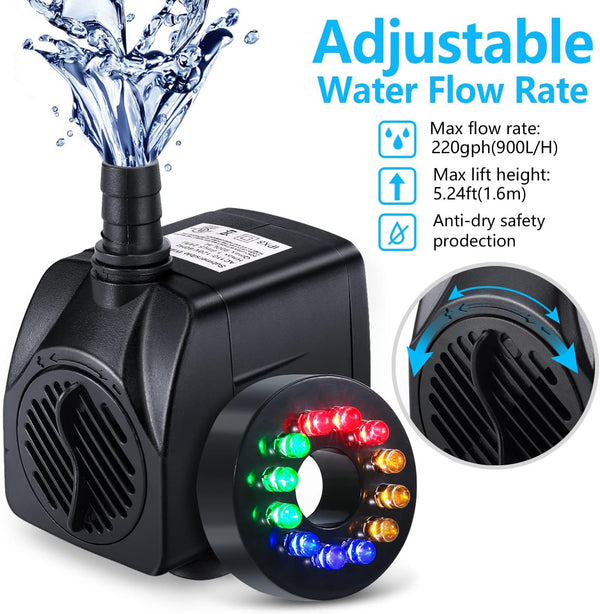 CWKJ Fountain Pump with LED Lights, 220GPH(15W 900L/H) Submersible Water Pump, Durable Outdoor Fountain Water Pump with 6.5ft Tubing (ID x