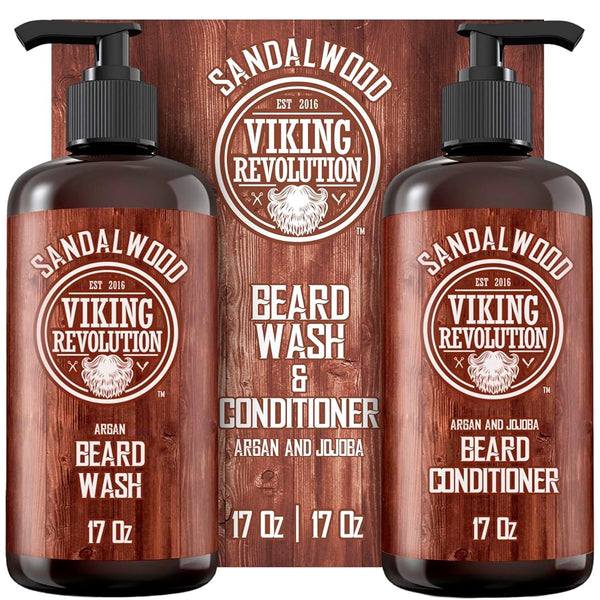 Viking Revolution Beard Wash & Beard Conditioner Set with Argan & Jojoba Oils - Softens and Strengthens - Natural Sandalwood Scent - Beard Shampoo