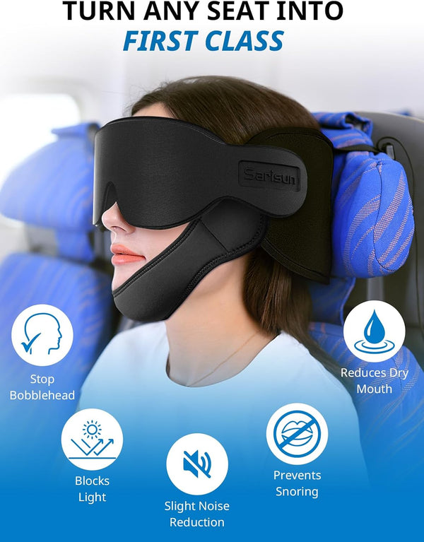 SARISUN Airplane Pillow Combo with Chin Strap, Travel Pillows for Airplanes with Sleep Eye Mask, Plane Pillow for Long Flights, Car Road Trip,