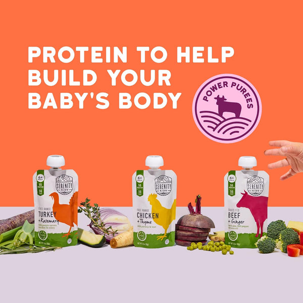 Serenity Kids Organic Baby Food Pouches, 5g Protein, 3.5 Oz, 6 Pack | 5g Protein, No Added Sugar, Savory Meat Pouches, Baby Snacks, Toddler Food,