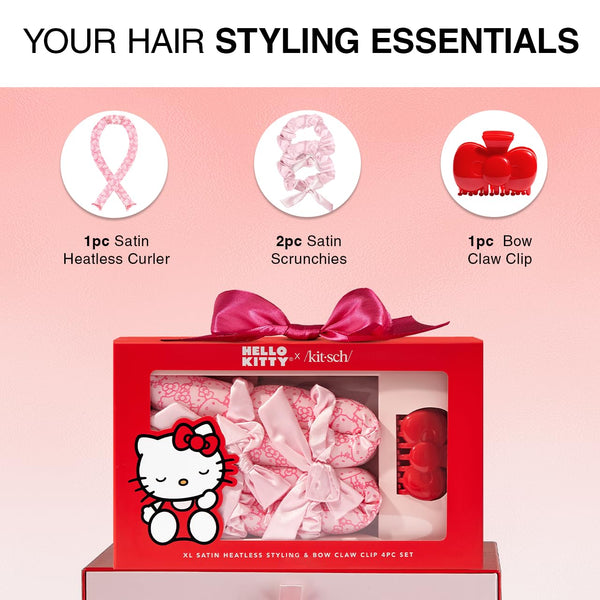 Hello Kitty X Kitsch XL Satin Heatless Curling Set- Heatless Hair Curler to Sleep in for Frizz-Free & Soft Curls, Comes with Bow Shape Design Hair