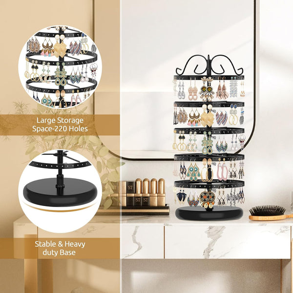 MODOWEY Rotating Earring Holder Organizer Stand, 5 Tier Metal Tree Display for Women Vendors, 220 Holes Adjustable Jewelry rack for Stud Hoop