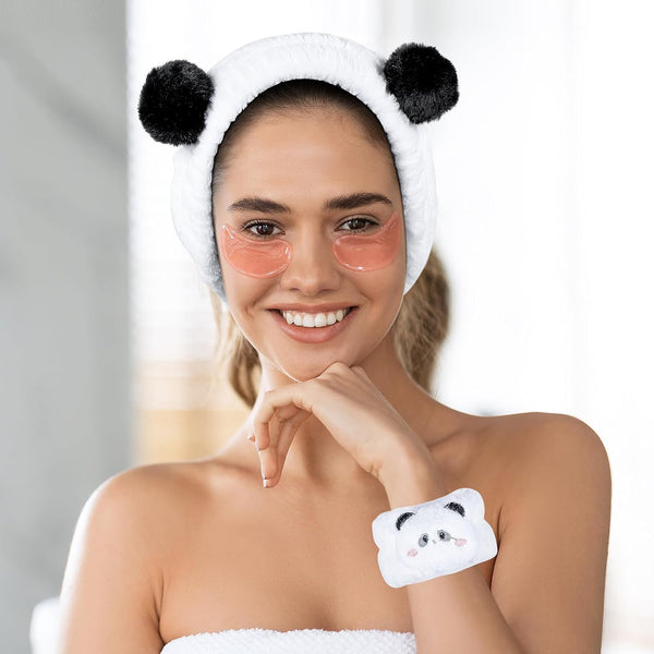 Pom Pom Panda Ears Plush Wash Face Headband Spa Wrist Band Cuffs Hair Scrunchy Women Girls Facial Makeup Skincare Bath Head Wrap Kids Costume