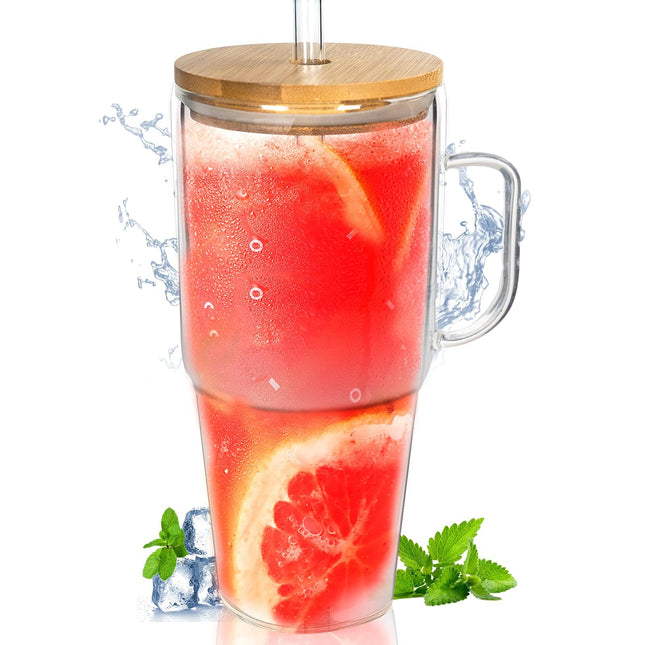 ANOTION Glass Cups with Lids and Straws - 40 Oz Tumbler with Handle and Straw Glass Water Bottles Drinking Glasses with 