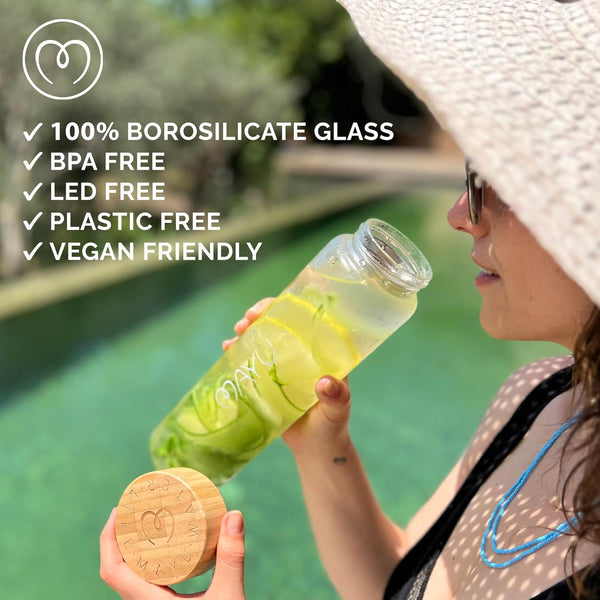 Mayu Water Bottle with Bamboo Lid, Eco Friendly & BPA Free, Plastic Free Borosilicate Glass Bottle - Zero Leak Design - for Outdoor Picnic,