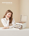 SONGMICS GISELLA Collection - Jewelry Box Organizer with Glass Lid, 4-Layer Jewelry Storage, with 3 Drawers, Modern Style, 8 x 9.1 x 6.5 Inches,