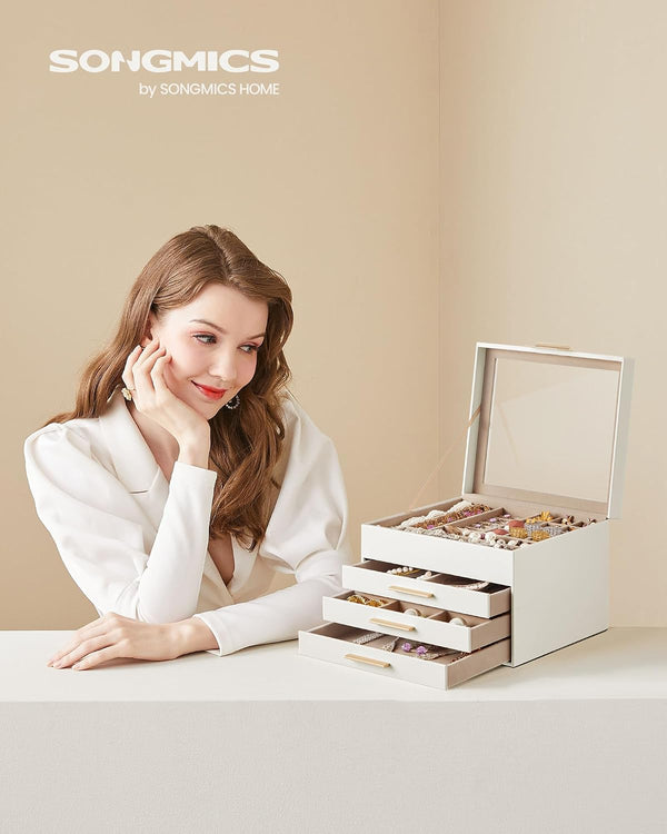 SONGMICS GISELLA Collection - Jewelry Box Organizer with Glass Lid, 4-Layer Jewelry Storage, with 3 Drawers, Modern Style, 8 x 9.1 x 6.5 Inches,