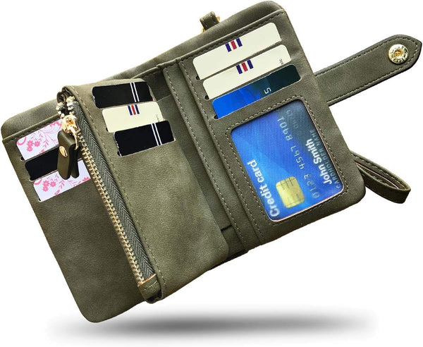 AOXONEL Women's Small Bifold Leather wallet Rfid blocking Ladies Wristlet with Card holder id window Coin Purse Small Army Green