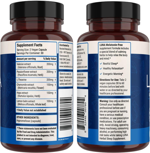 Nested Naturals Luna Sleep Supplement, Melatonin Free, Non-Habit Forming Herbal Sleep Supplement, Adult Bedtime Support, Help Sleeping