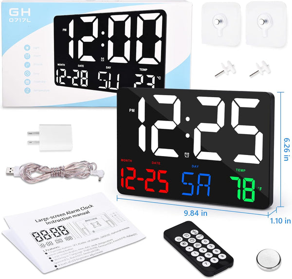 Digital Wall Clock,11.5" LED Digital Alarm Clock Large Display,With Remote Control,Adjustable Brightness, Calendar, Temperature, Snooze, 12/24 H,