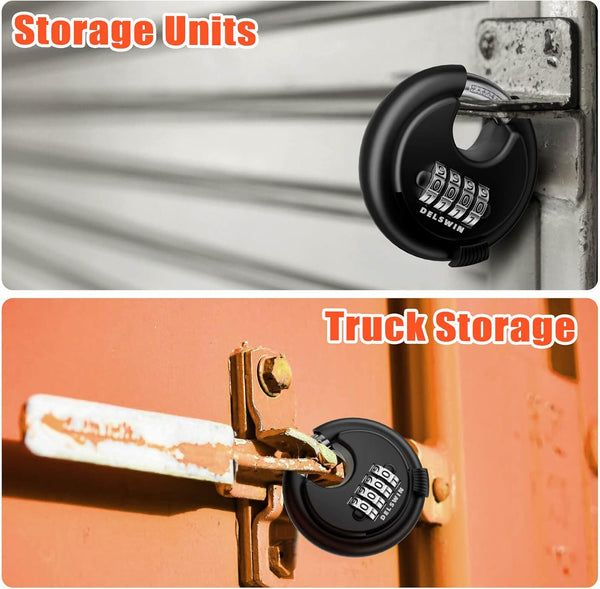DELSWIN 4-Digit Disc Combination Lock Outdoor - Heavy Duty Combination Padlocks with Hardened Steel Shackle Weatherproof Combo Locks for