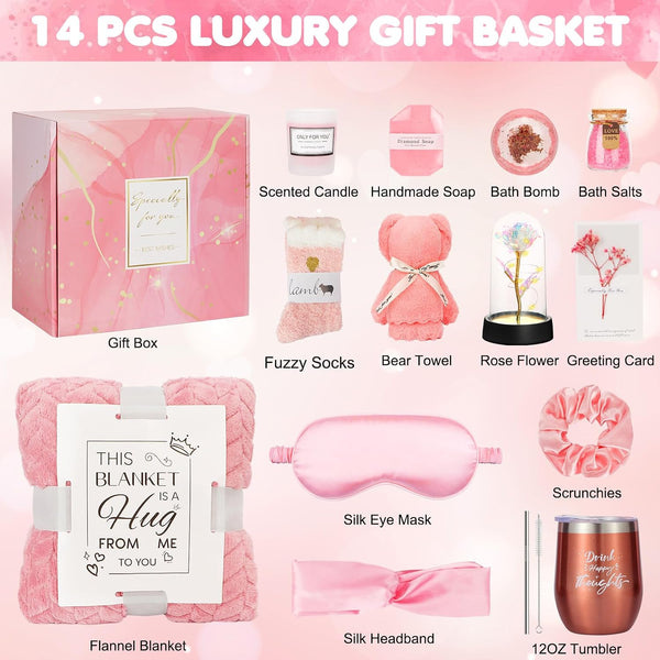Birthday and Get Well Gifts for Women - Relaxing Spa Care Package | with Luxury Flannel Blanket, Light-up Rose Flower - Unique Self Care Gift