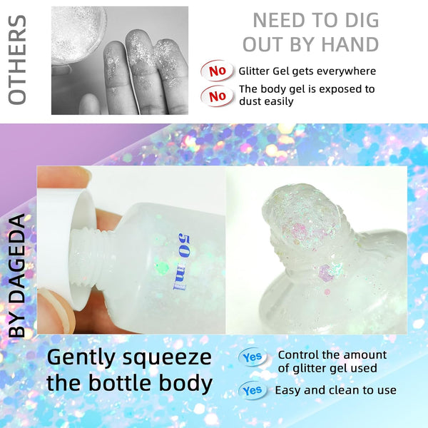 DAGEDA Body Glitter Gel, Face Glitter Body Gel Sequins Shimmer Liquid Eyeshadow, Chunky Glitter for Face Hair Nails, Holographic Cosmetic Laser