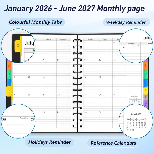 Daily Planner 2025-2026(July 2025 - December 2026) - 18 Month Planner with Tabs, Calendar Yearly Monthly Weekly Spiral Time Management, Flexible