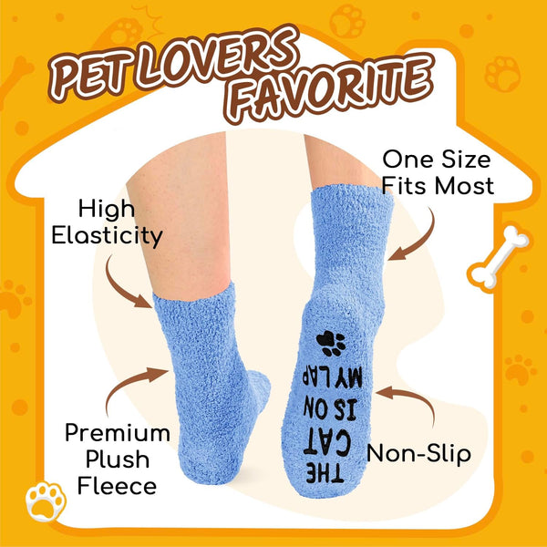 HAPPYPOP Cat Lover Gifts - Funny Fuzzy Novelty Socks for Cat Mom Dad Lovers Women Men Cat on Lap Blue