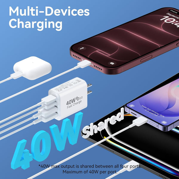 USB C Charger Block Multiple Ports Wall Charger Fast Phone Charging Blocks White 40W 2A+2C Ports