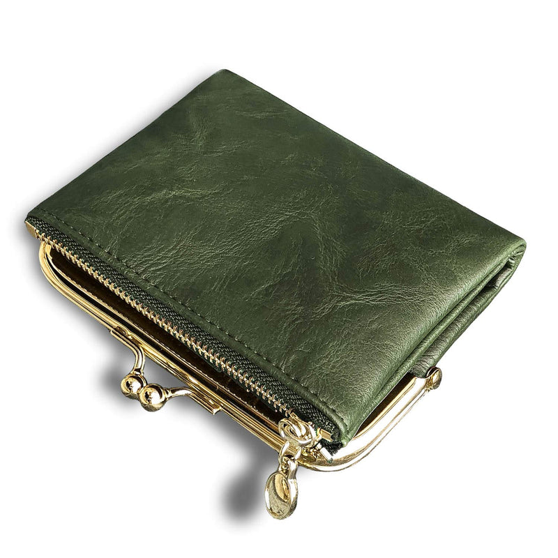 AOXONEL Womens Wallet Small Rfid Ladies Compact Bifold Leather Vintage Coin Purse With Zipper and Kiss Lock Green