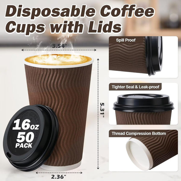 16 oz Insulated Disposable Paper Coffee Cups with Lids 50 Pack | Triple Ripple Wall Reduces Heat Transfer, Brown To Go Coffee Cup For Hot