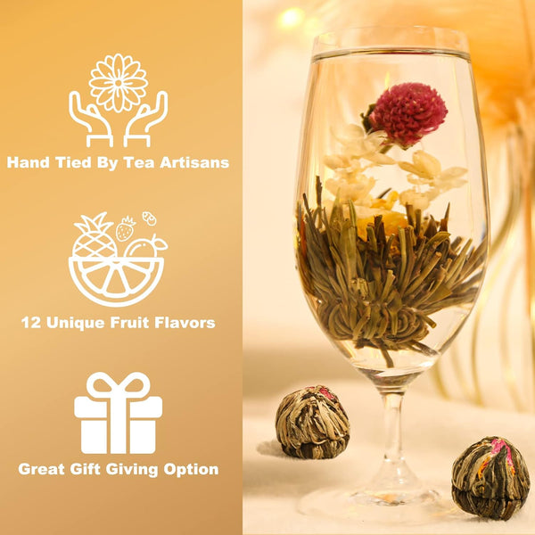 FullChea - Blooming Flowering Tea, 12 Unique Varieties - Flowering Tea in 12 Delicious Fruit Flavors - Gift For Tealovers, Christmas, Anniversary,