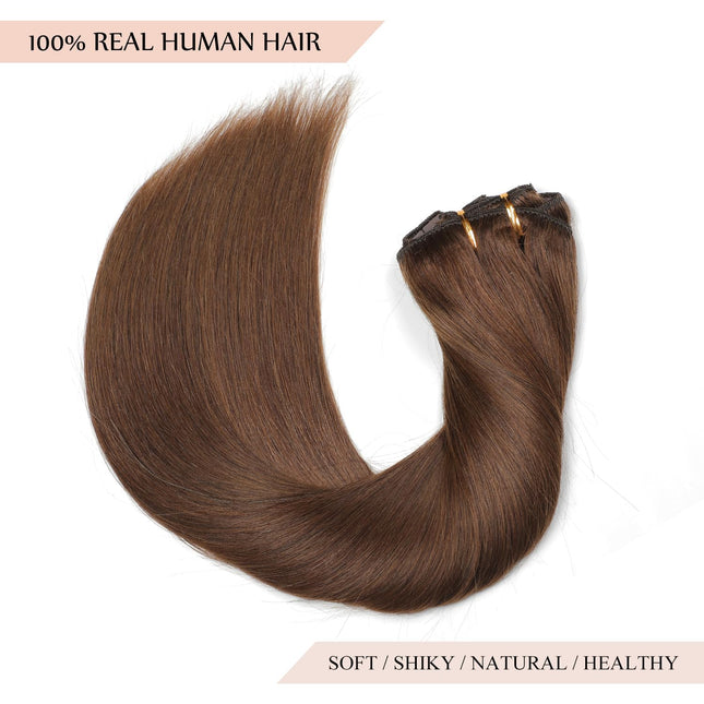Sisily Clip in Hair Extensions Real Human Hair, 16 Inch 140G, Chocolate Brown, 1