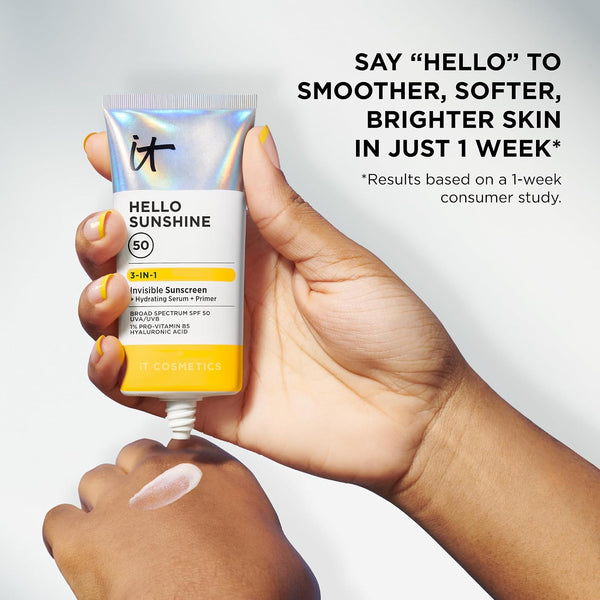 IT Cosmetics Hello Sunshine Hydrating Sunscreen SPF 50 (1.69 fl oz) | 3-in-1 Daily Face Sunscreen + Hydrating Serum + Makeup Primer - No White