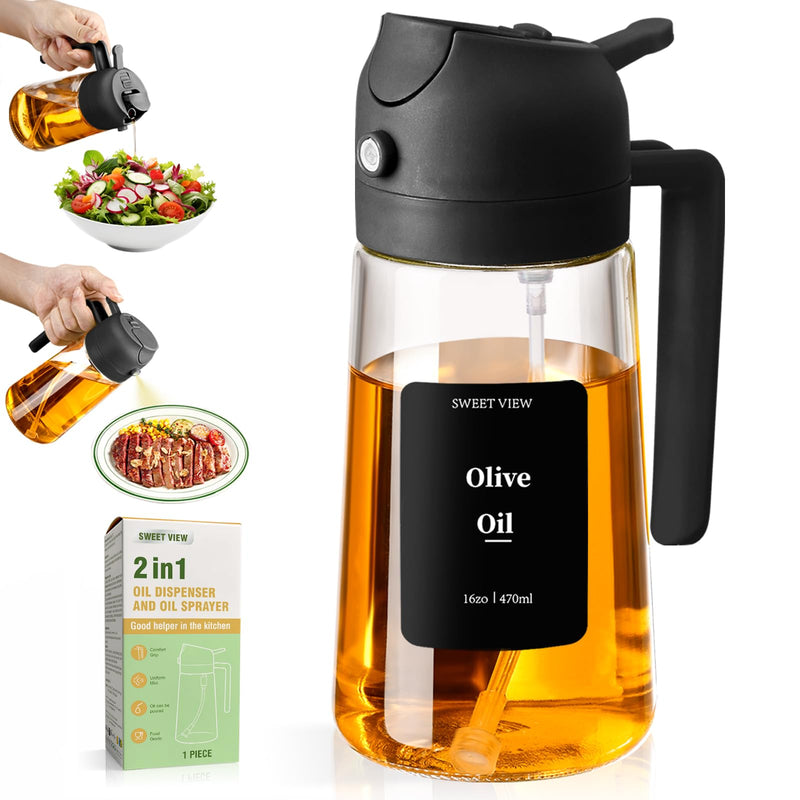 Olive Oil Sprayer for Cooking, 470Ml 2 in 1 Glass Oil Dispenser/Pour Bottle, Kitchen Accessories, Kitchen Gadgets for Air Fryer, Salad, BBQ (Black)
