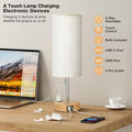 Fenmzee Bedside Table Lamp for Bedroom - 3 Way Dimmable Touch Lamp USB C Charging Ports and AC Outlet, Small Lamp Wood Base Round Flaxen Fabric