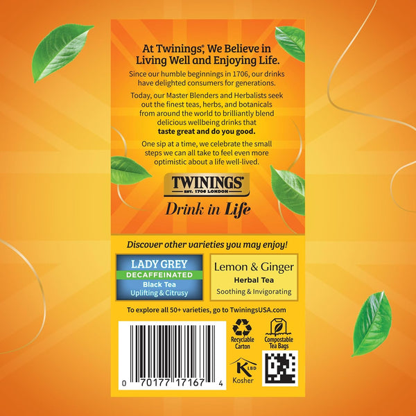 Twinings Decaffeinated Earl Grey Black Tea Individually Wrapped Bags, 20 Count (Pack of 1), Flavoured with Citrus and Bergamot, Enjoy Hot or Iced,