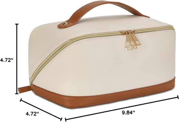 Telena Makeup Bag Large Capacity Travel Cosmetic Bag Portable PU Leather Water Resistant Makeup Organizer Bags for Women with Handle and Divider