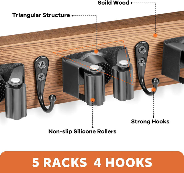 IMILLET Broom Holder Wall Mount, Rustic Wood Broom Hanger with 5 Racks and 4 Hooks, Laundry Room Organization and Storag