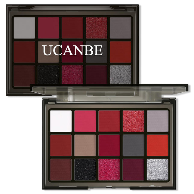 UCANBE Red Eyeshadow Makeup Palette, 15 Colors Burgunry Gray Silver Shimmer Matte Glitter Metallic Eye Shadow Pallet, Pi