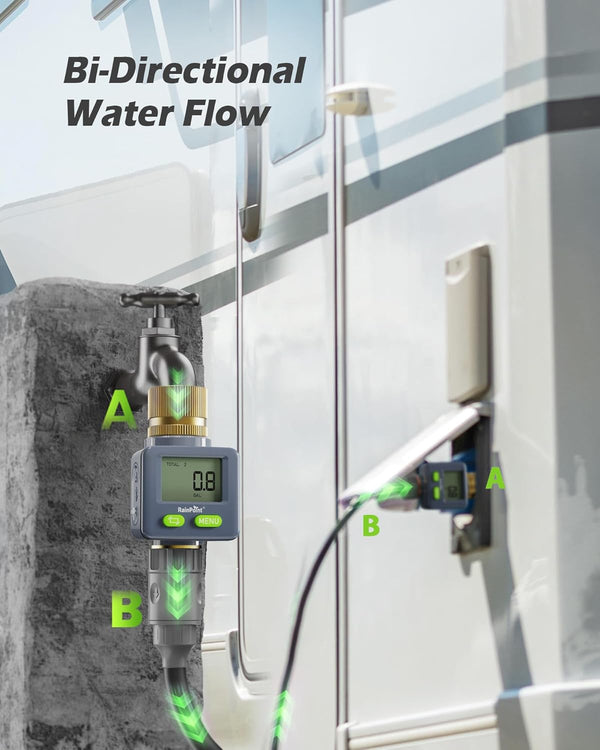 RAINPOINT Water Flow Meter with Brass Inlet & Outlet, 180° Screen-Flip Water Meter, Measure Gallon/Liter Consumption for RV Filling, Garden