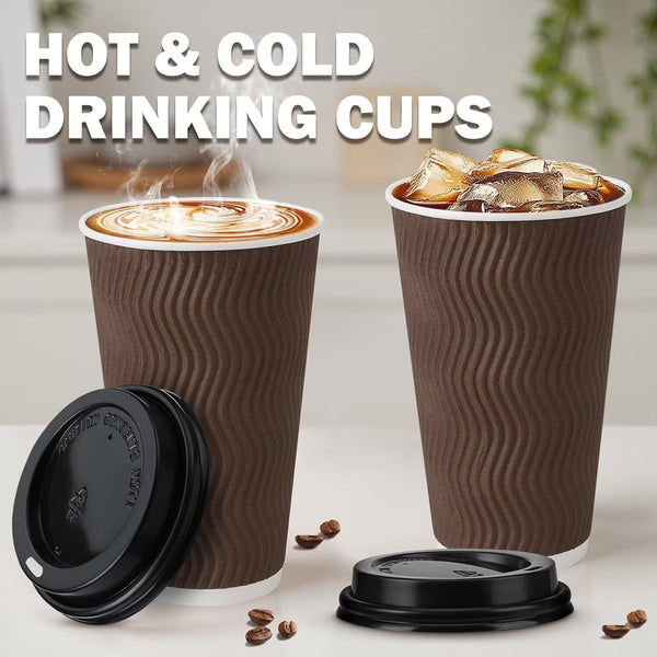 16 oz Insulated Disposable Paper Coffee Cups with Lids 50 Pack | Triple Ripple Wall Reduces Heat Transfer, Brown To Go Coffee Cup For Hot