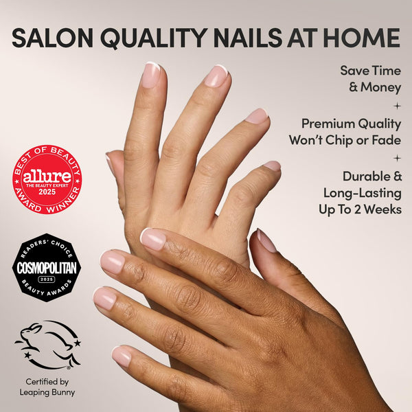Glamnetic Press On Nails - French Peach | Super Short Round Fake Nails with Pastel Peach French Tips and Glossy Finish, Salon Quality | 15 Sizes -