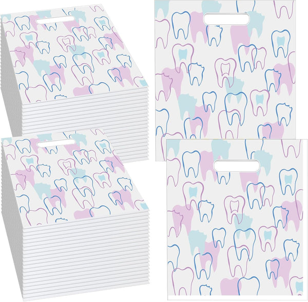 Aliceset 300 Pcs Tooth Merchandise Bags with Handles Plastic Dental Bags for Patients Dental Gifts Bulk for Dentist Office Goodie Packaging