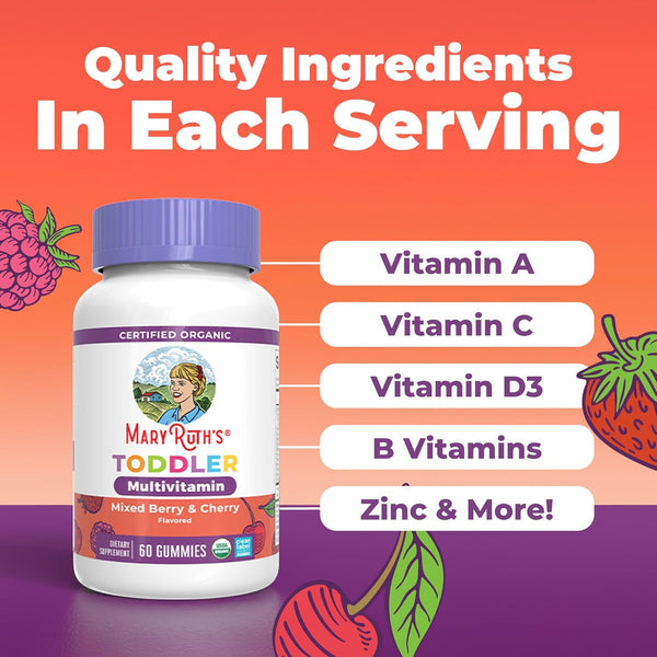 Maryruth Organics Vitamin Gummy | Kids and Toddlers Age 2+ | USDA | Daily Vitamin C | D3 | Zinc | Mixed Berry and Cherry | 2 Month Supply
